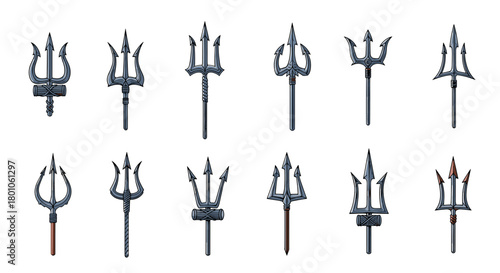 Collection of different trident designs with various styles and shapes, isolated on white background, showcasing medieval weaponry concepts.
