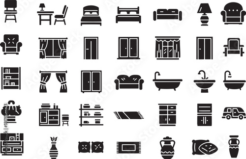 Collection of furniture and home decor icons representing various interior design elements isolated on transparent background