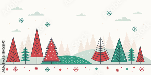 Christmas vector a festive winter landscape with stylized christmas trees and delicate snowflakes falling softly from above