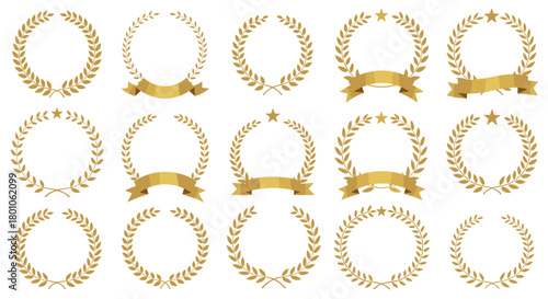 Golden laurel wreaths collection, design elements for achievement and celebration, isolated on white background.