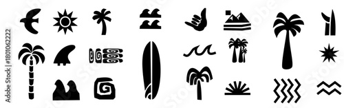 set of wheat ears, surf icon vector set with tropical elements like palm trees, waves, surfboards, and sun. Minimal beach.