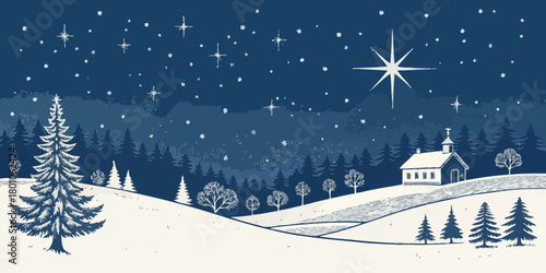Christmas vector winter landscape with trees church and stars in a night sky in blue and white colors design