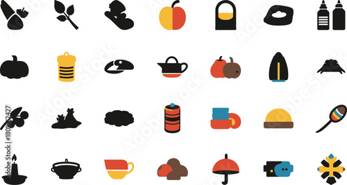 Collection of autumnal and seasonal icons representing fall harvest and cozy elements isolated on transparent background