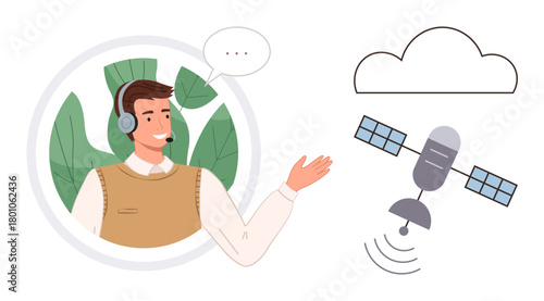 Smiling customer support agent with headset gesturing toward satellite and cloud imagery. Ideal for connectivity, communication, technology, customer service, support systems, tech networks, simple