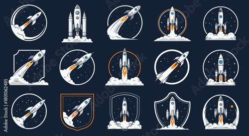 Set of illustrated rocket ship logos against a dark blue background depicting space and flight elements, suitable for various design applications.
