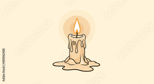 A lit candle with melting wax, surrounded by a soft, warm glow, against a neutral backdrop.