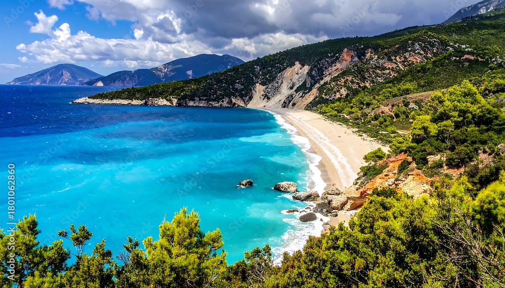 Fototapeta premium Stunning Myrtos Beach in Kefalonia, Greece - A Coastal Paradise.