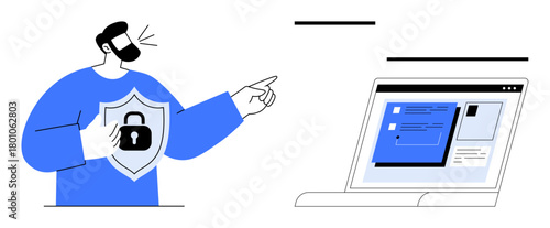 Person holding a shield with a lock symbol, pointing at a laptop screen with data interface. Ideal for cybersecurity, data protection, online safety, secure login, IT consulting, digital security