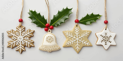 Christmas vector four christmas ornaments hanging with holly leaves and red berries on a white background surface top view