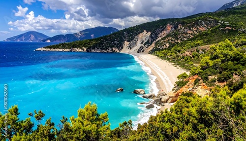 Fototapeta Naklejka Na Ścianę i Meble -  Stunning Myrtos Beach in Kefalonia, Greece - A Coastal Paradise.