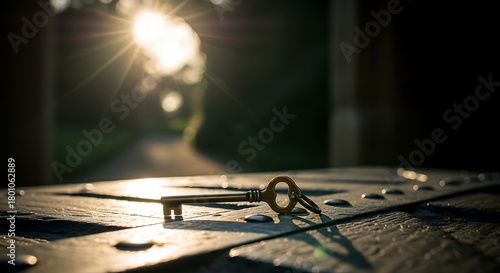 Vintage key resting on a wooden surface with a blurred background and sunlight.
