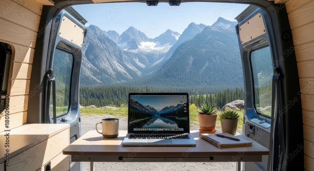 Naklejka premium Remote work setup in camper van with mountain view and modern technology