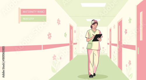 A Nurse in the Maternity Ward Walking and Reporting in the Hospital Corridor