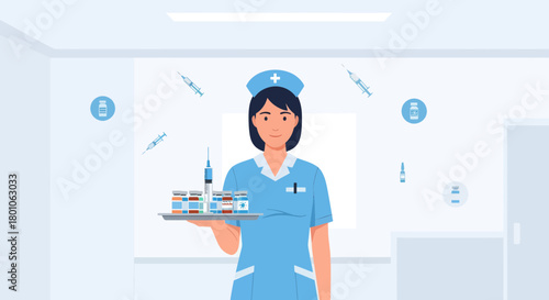 A Nurse Offering Medicinal Vials And Syringes, Illustrating Vaccination And Healthcare Process