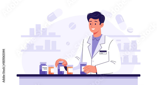 A Pharmacist Selecting Medications in a Pharmacy Setting, Healthcare Illustration