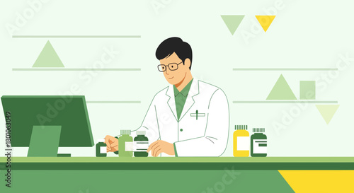A Pharmacist Consulting Medicines in a Pharmacy Illustration with Modern Aesthetics
