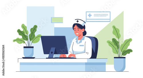 A Smiling Nurse Typing On A Computer In A Modern Medical Office Environment
