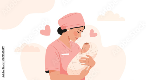 A Thoughtful Nurse Holds a Swaddled Newborn Baby with Tenderness and Affection