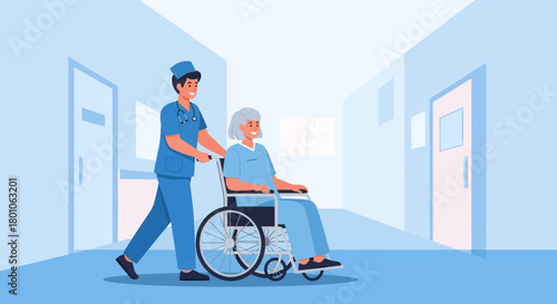 Caring Nurse Assists Elderly Woman In A Wheelchair Through Hospital Room Corridor
