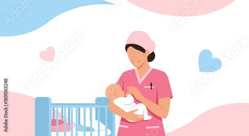 Caring Nurse Holds Newborn, Embracing Healthcare and Maternal Nurturing Illustration