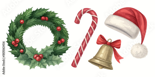 Christmas vector watercolor christmas wreath with holly berries, candy cane, bell and santa hat on a white background