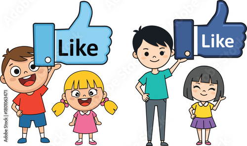 Cartoon adults and children holding like icons, cheerful family illustration, social media approval concept, playful engagement art, happy thumbs up