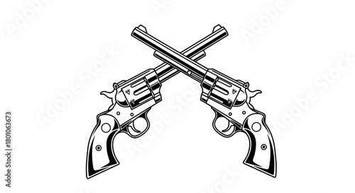 Two crossed revolvers, a symbol of the Wild West era and gun culture, rendered in black and white against a white background.