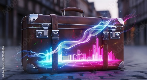 Vintage Suitcase with Neon Cityscape and Energy Wave.
