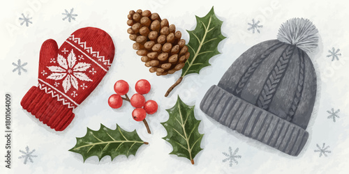 Christmas vector winter holiday scene with a red mitten, pinecone, holly, and gray knit hat on a snowy white background