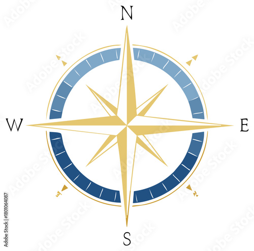 Vintage Gold Compass Rose with Blue Accents, Navigation Tool for Travel and Maritime Adventure