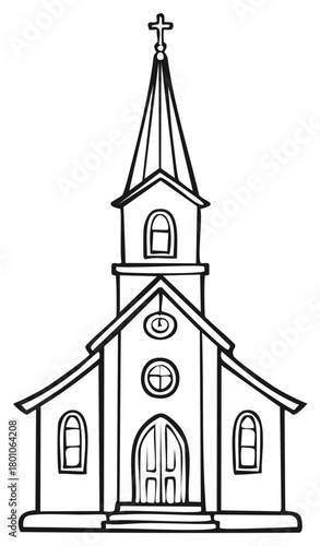 Classic church building with steeple and cross simple line drawing