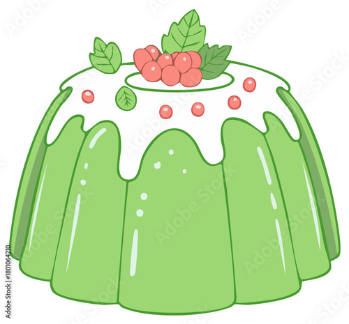 Sweet Green Gelatin Dessert with Creamy White Topping Red Berries and Fresh Leaves