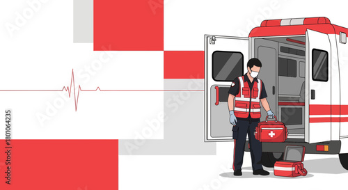 Emergency Medical Services: First Responder with Ambulance and Medical Equipment Ready To Respond