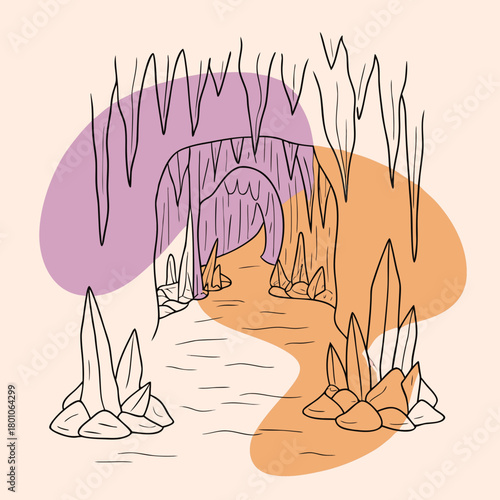 A cave with stalactites and stalagmites in a minimalist style