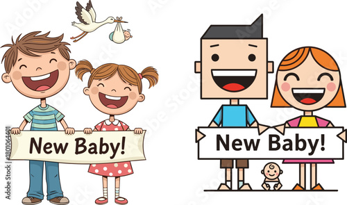 Cute cartoon kids announcing new baby arrival, cheerful siblings holding signs, happy family celebration illustration with stork and newborn character elements