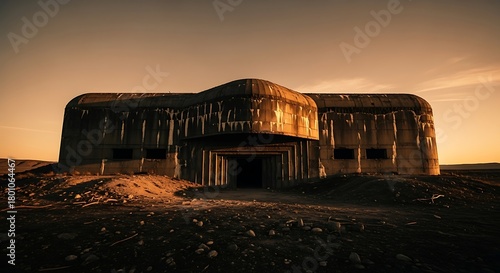 Weathered Concrete Bunker at Sunset - A Relic of the Past.