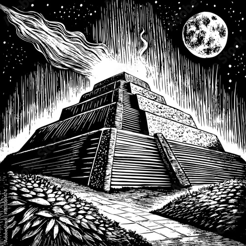 Dramatic mayan pyramid with cosmic meteor and moon illustration