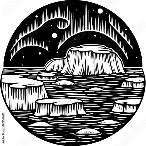 Monochrome illustration of arctic landscape with northern lights