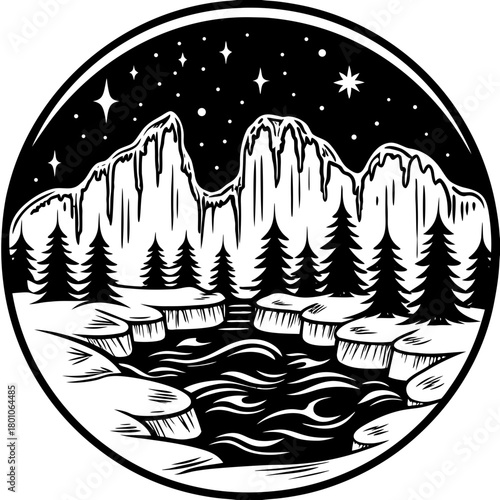 Monochrome winter landscape with mountains and trees illustration