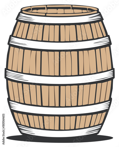 Illustration of a Classic Wooden Barrel with Hoops for Storage and Aging Beverages