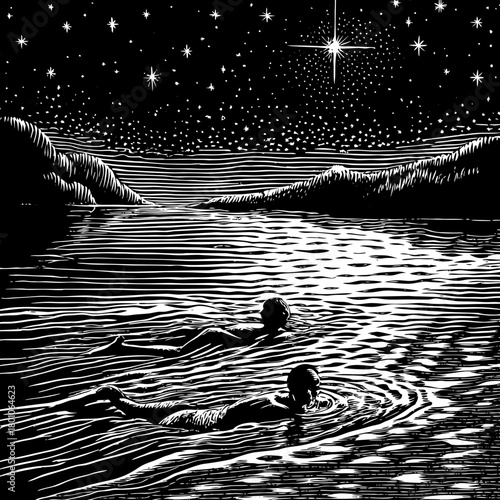 Two swimmers enjoy a starlit night in the lakes tranquil waters