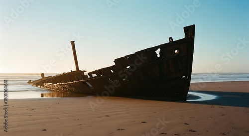 Weathered Shipwreck on Sandy Beach Under Clear Sky at Sunset.