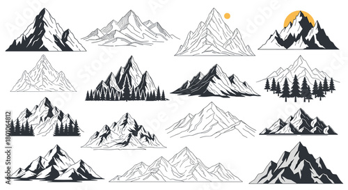 Set of mountain illustrations in various styles, ideal for outdoor design projects and adventure themes.
