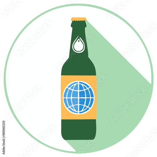 Bottled Beer with Globe Icon, Drop Illustration, and Green Silhouette