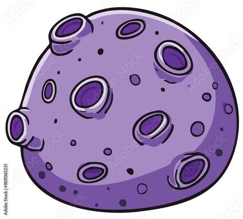 Cartoonish purple planet with craters and small dots against a white background