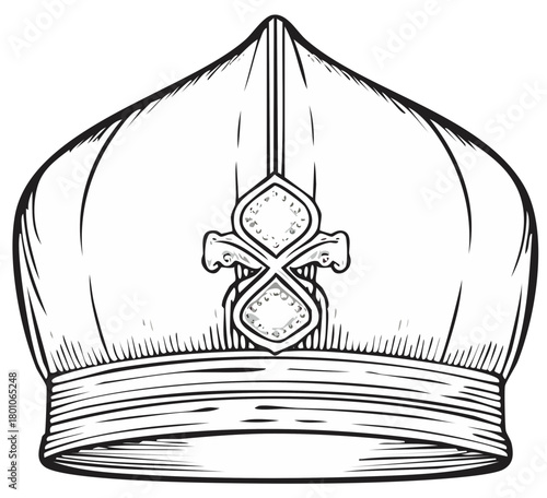 Black and white stylized sketch of a bishops mitre hat for coloring or illustration