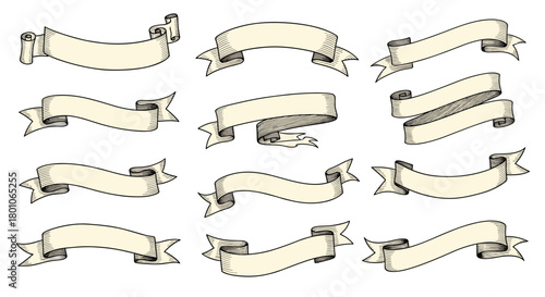 Set of vintage-style hand-drawn ribbons, banners, and scrolls for design elements on a white background, isolated.