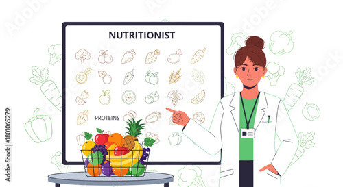 Healthy Dietitian Explaining Nutritional Facts With Vegetables And Fruits