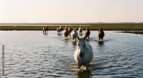 Wild Horses Galloping Through Shallow Water in a Vast, Serene Landscape at Sunset.