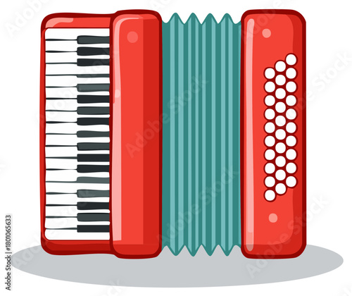 Red Accordion Musical Instrument with Piano Keyboard and Bass Buttons